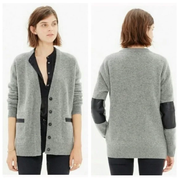 Madewell lambs wool w/ 100% leather trim pockets & elbow patches Size XS cardi - Picture 3 of 16
